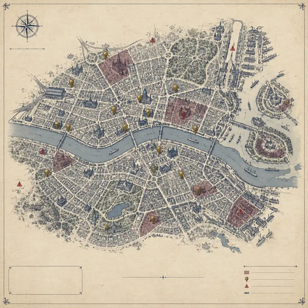 Mapa editorial ilustrado de uma cidade fictícia, com ruas, zonas abstratas e quatro pontos de evidência numerados.